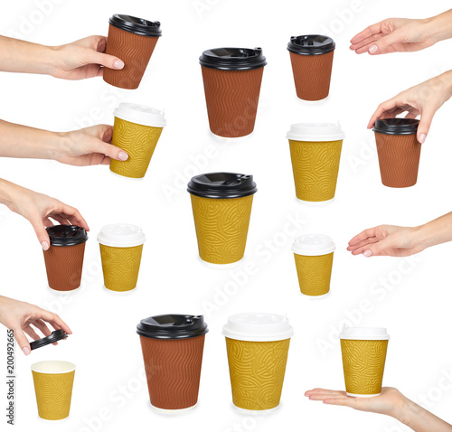Wallpaper Mural set of different Take out coffee in thermo cup with hand. Isolated on a white background. Disposable container, hot beverage. Torontodigital.ca