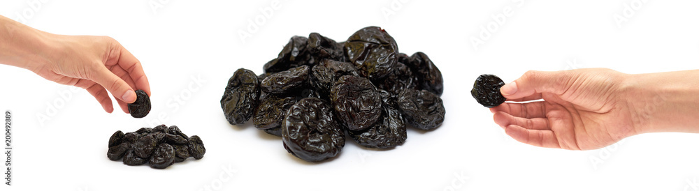 set of different female hand holds dry prunes. isolated on white background set of different female hand holds dry prunes. isolated on white background
