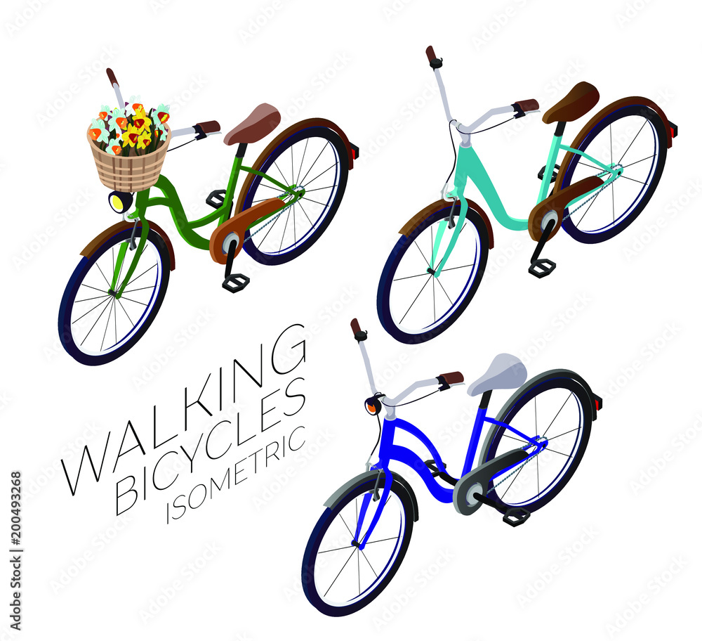 Fototapeta premium set of urban walking bicycles. isometry 3d
