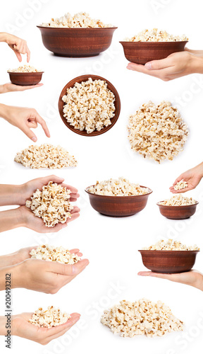 set of different fresh popcorn with hand, isolated on white background