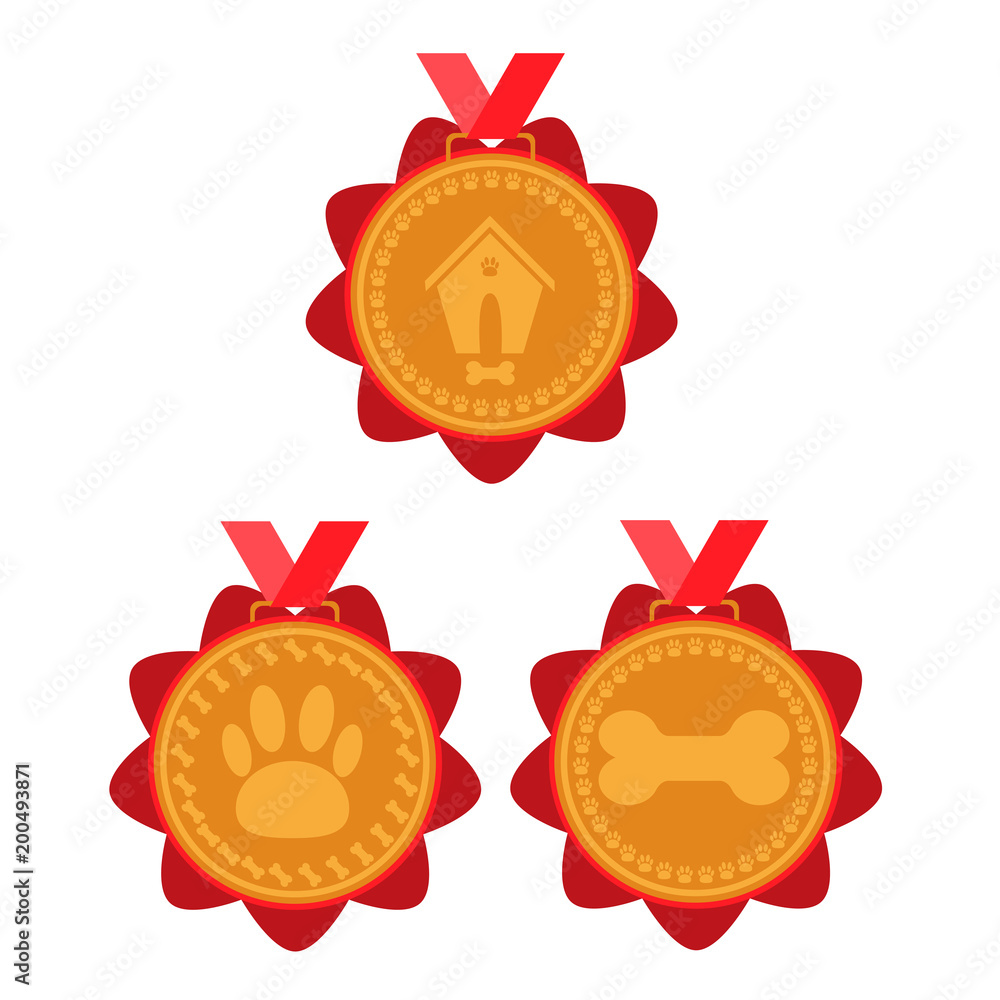 dog gold medal set. prize with red ribbon with a picture of a doghouse, bones and foot marks dog gold medal set. prize with red ribbon with a picture of a doghouse, bones and foot marks