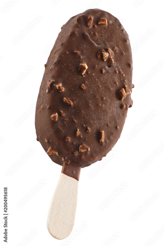 Ice cream in chocolate glaze with nuts on a wooden stick. Sweet dessert for the summer is photographed close-up. Isolated on white background. Ice cream in chocolate glaze with nuts on a wooden stick. Sweet dessert for the summer is photographed close-up. Isolated on white background.