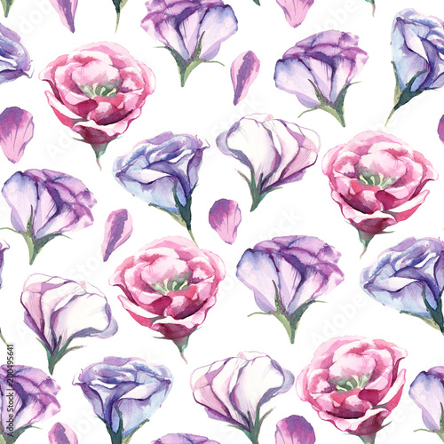 Seamless pattern of watercolor eustoma flower on white background. Flowers for wedding cards.