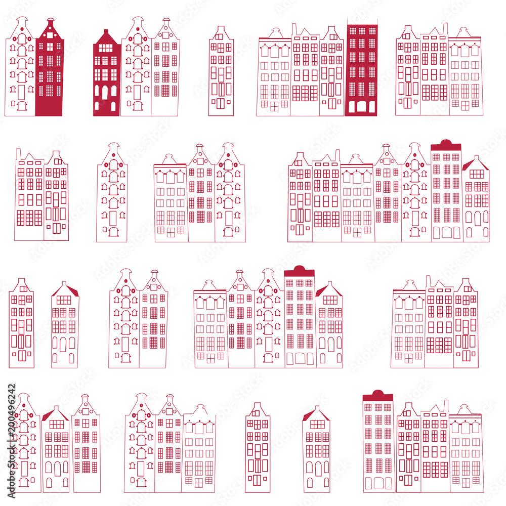 Vector seamless pattern with old canal houses in Amsterdam, the Netherlands.