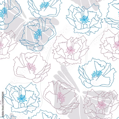 Tapety Duże kwiaty maku i tropikalne liście. Kwiatowy wektor wzór z ręcznie rysowane elementy botaniczne.