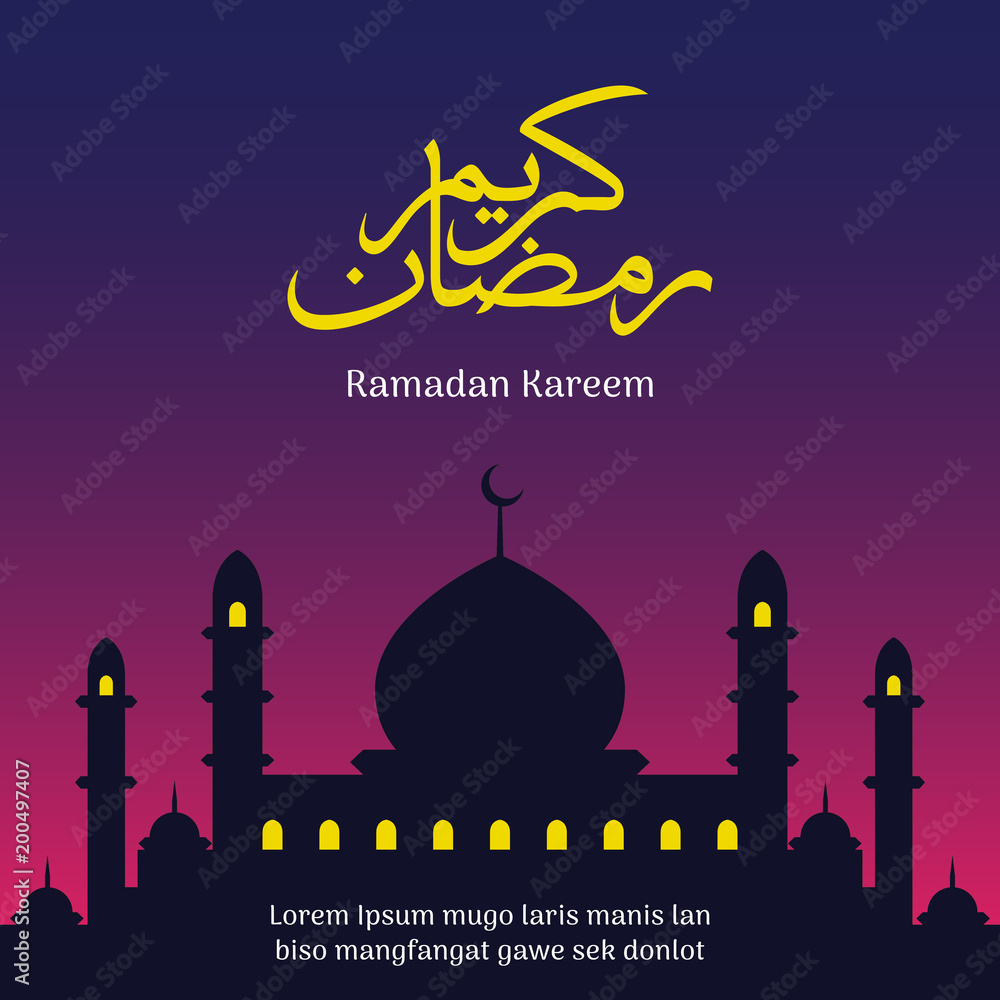 Ramadan Kareem Classic Arabic Calligraphy with text and mosque silhouette background