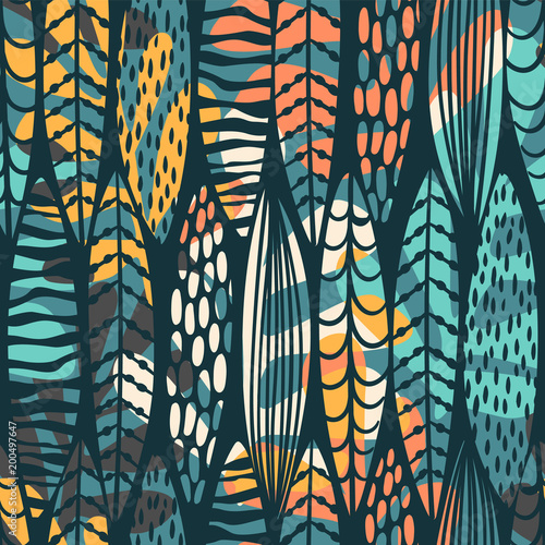 Tribal seamless pattern with abstract leaves.