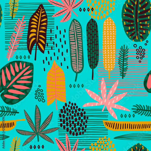 Tribal seamless pattern with abstract leaves.