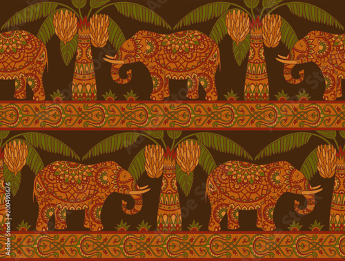 Seamless pattern with elephant and palm trees in ethnic style. Folk tradition decorative ornament on the dark background. Vector illustration.