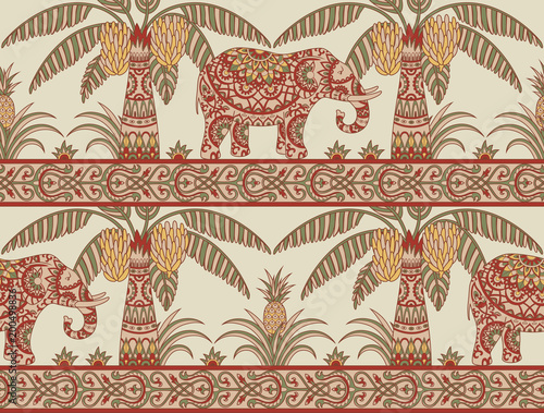 Seamless pattern with elephant, palm trees and pineapples in ethnic style. Folk tradition decorative ornament in muted red, green and yellow colors. Vector illustration.