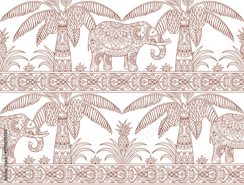 Seamless pattern with elephant, palm trees and pineapples in ethnic style. Outline folk tradition decorative ornament. Vector illustration.