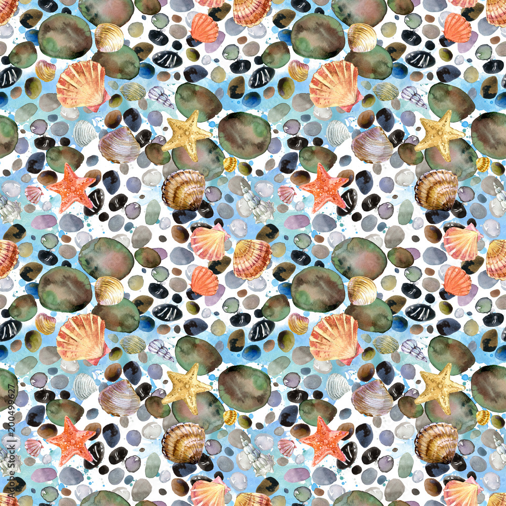 watercolor seashells and sea stones hand drawn seamless pattern. seashore background. watercolor seashells and sea stones hand drawn seamless pattern. seashore background.