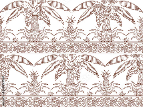 Seamless pattern with palm trees and pineapples in ethnic style. Outline folk tradition decorative ornament. Vector illustration.