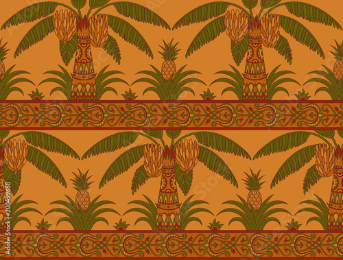 Seamless pattern with palm trees and pineapples in ethnic style. Folk tradition decorative ornament in bright colors. Vector illustration.