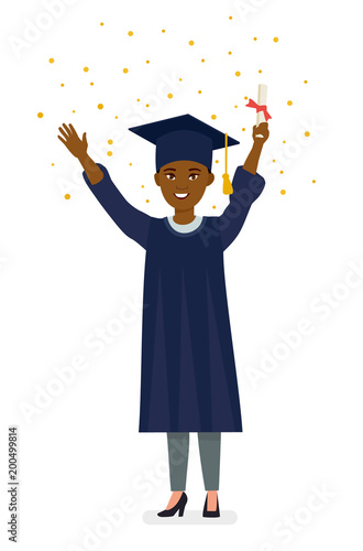 Beautiful young afro american graduate holding diploma with confetti. Cartoon vector character illustration on white background.