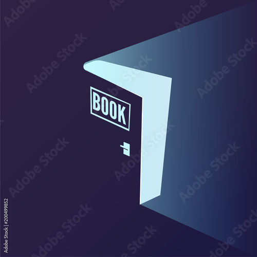 Open door as book with bright light. knowledge and imagination from book. reading book for boost up your creative concept. vector