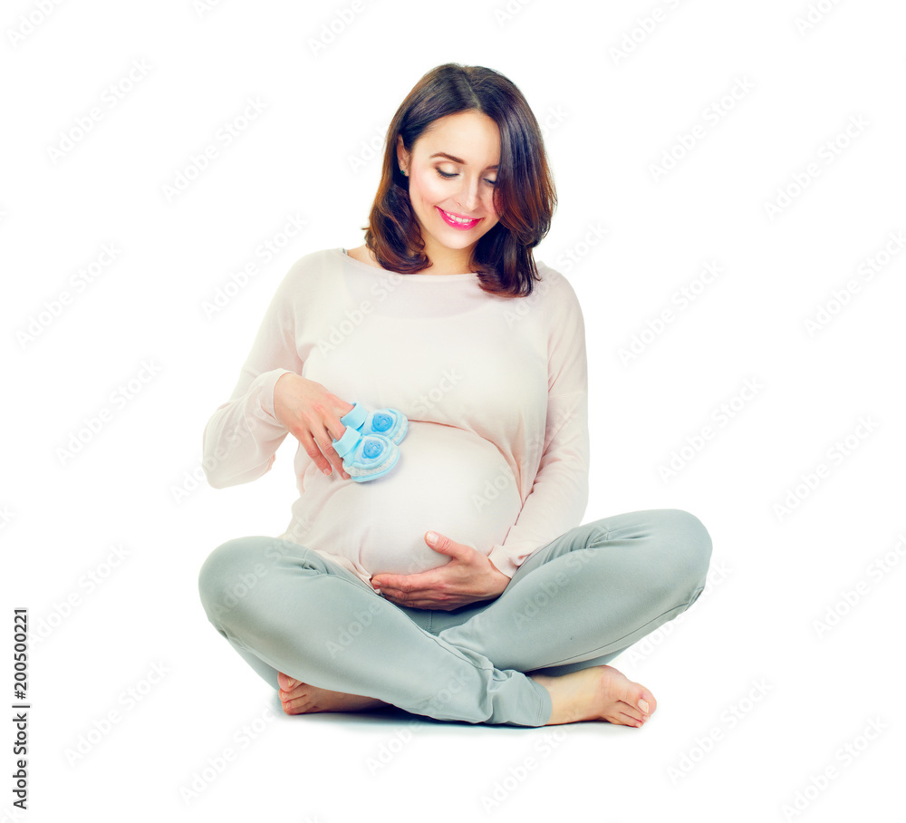 Pregnant middle aged woman touching her belly. Healthy pregnancy concept, Full length portrait Pregnant middle aged woman touching her belly. Healthy pregnancy concept, Full length portrait