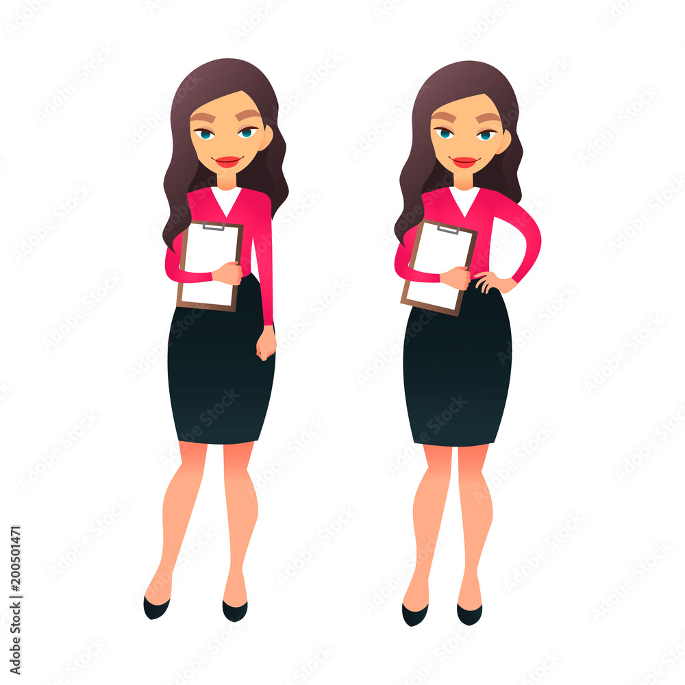 Set character office manager in various poses. Cartoon vector secretary or teacher on different working situations. Smiling business woman flat character on a white background Set character office manager in various poses. Cartoon vector secretary or teacher on different working situations. Smiling business woman flat character on a white background