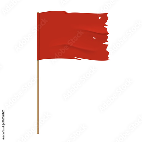 Torn red flag. Waving fabric flag, isolated on background. Tattered vector flag design.