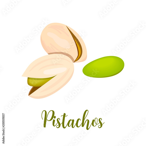Pistachio nuts. Isolated on a white background. Vector illustration realistic pistachio kernels, Whole and cracked.