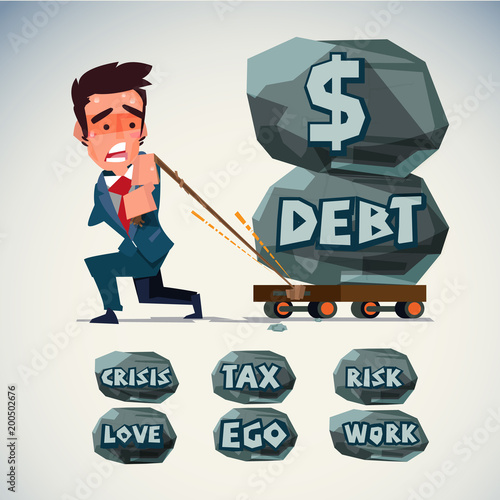 businessman pull trolley with heavy stone of money debt. "life crisis and cash problem" text on stone . editable - vector