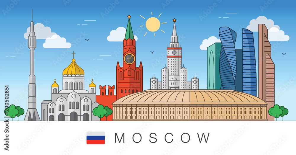 Fototapeta premium Moscow, Russia. Red Square, Churches, Modern buildings and city sights. Vector illustration