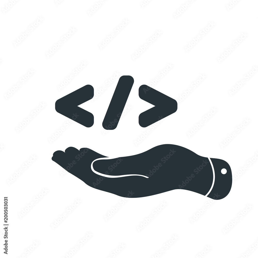 Obraz premium Flat hand showing code symbol. Code corner icon design concept with hand. Illustration for mobile application, programming code, consulting, development and software testing.