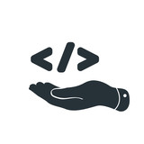 Flat hand showing code symbol. Code corner icon design concept with hand. Illustration for mobile application, programming code, consulting, development and software testing.