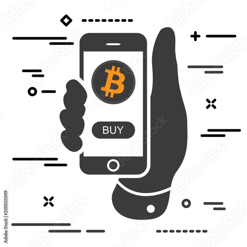 Bilde på lerret Buy bitcoin cryptocurrency per click. Man hand holding phone wit
