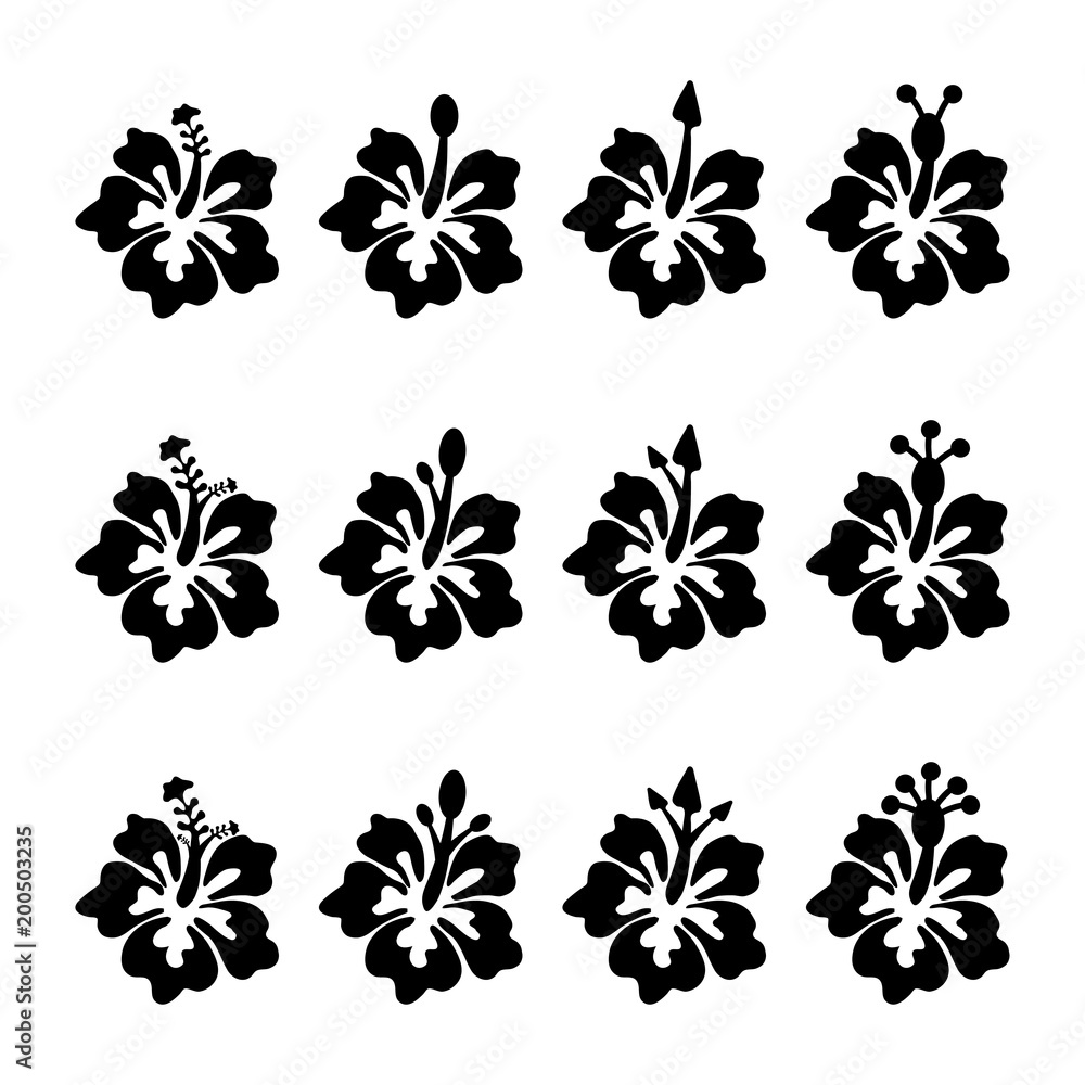 Set flower vector icons in silhouette isolated on white