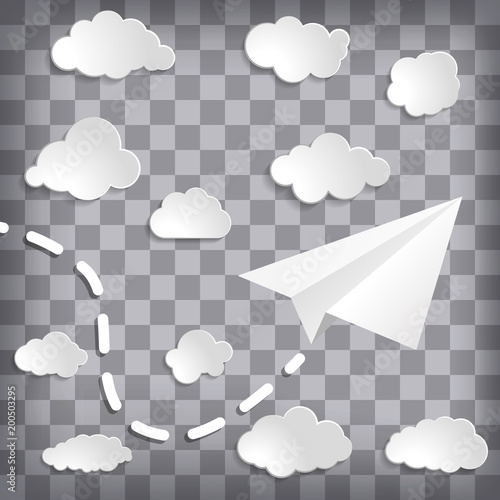 White paper plane with clouds on the chequered background