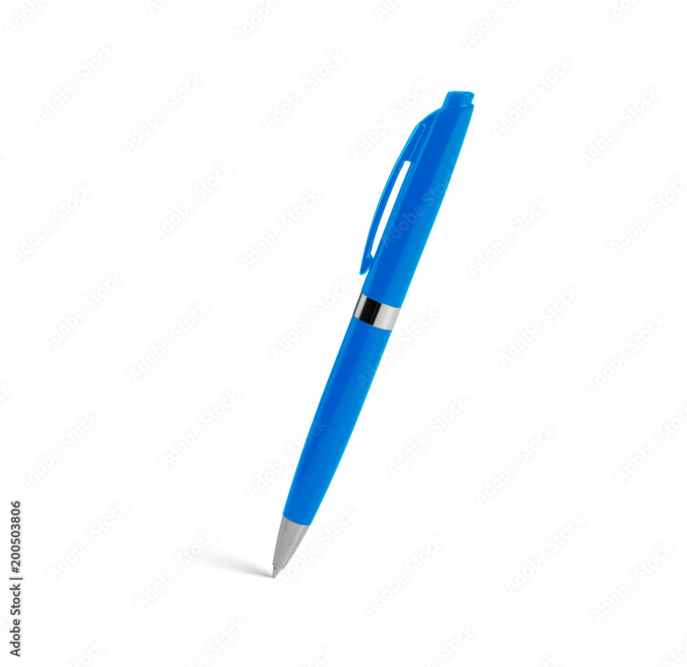 Blue plastic ballpoint pen on a white background. Blue plastic ballpoint pen on a white background.