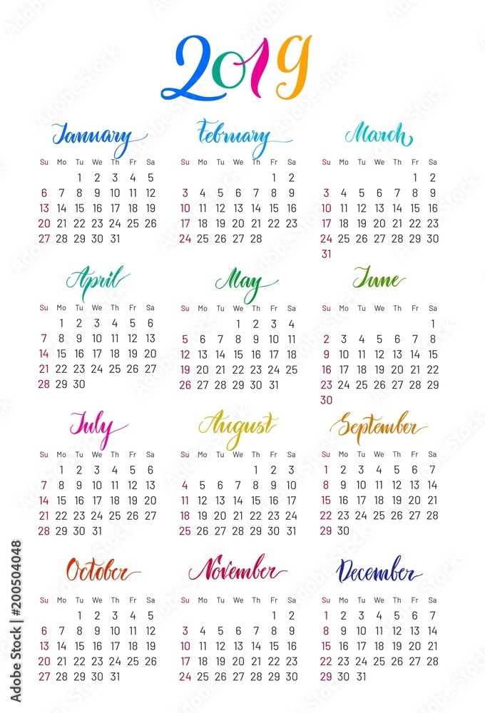 Plain wall calendar 2019 year, lettering, flat. Simple annual chart in minimalistic design. Vector illustration of menology