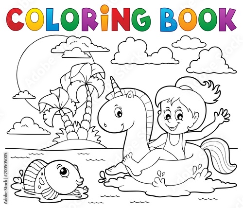 Coloring book girl floating on unicorn 2