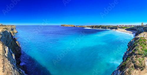 Wonderful romantic afternoon panoramic seascape. Coastline cliffs of the Atlantic ocean in Peniche. West coast of Portugal at sunny weather.