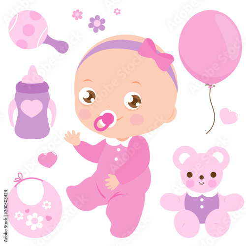 Baby girl and pink accessories set. Vector illustration collection