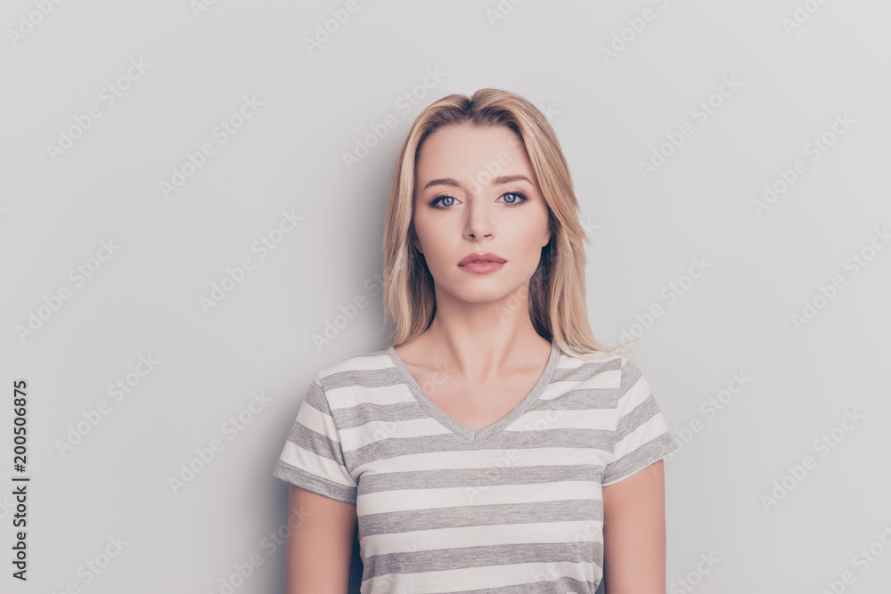 Wellness people person concept. Close up portrait of focused minded concentrated pondering pensive attractive woman with modern haircut long frufru isolated on gray background casual clothes outfit Wellness people person concept. Close up portrait of focused minded concentrated pondering pensive attractive woman with modern haircut long frufru isolated on gray background casual clothes outfit