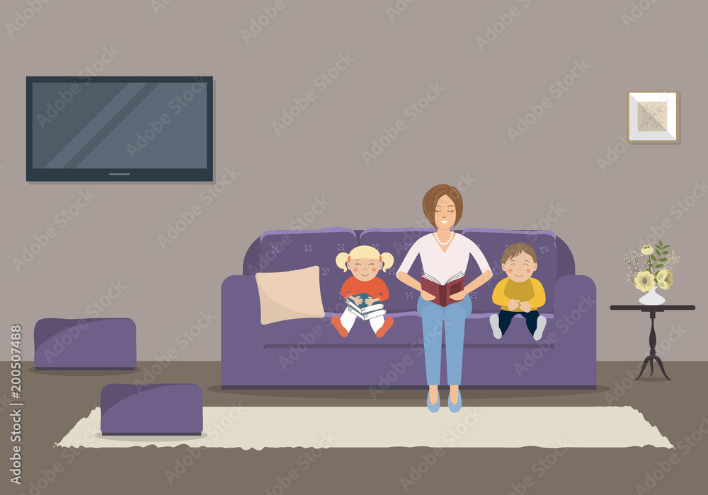 Mom reading a book to children. Young woman with her son and daughter sitting on the couch in the living room. There is a purple sofa, two chairs, and a TV in the room. Vector illustration