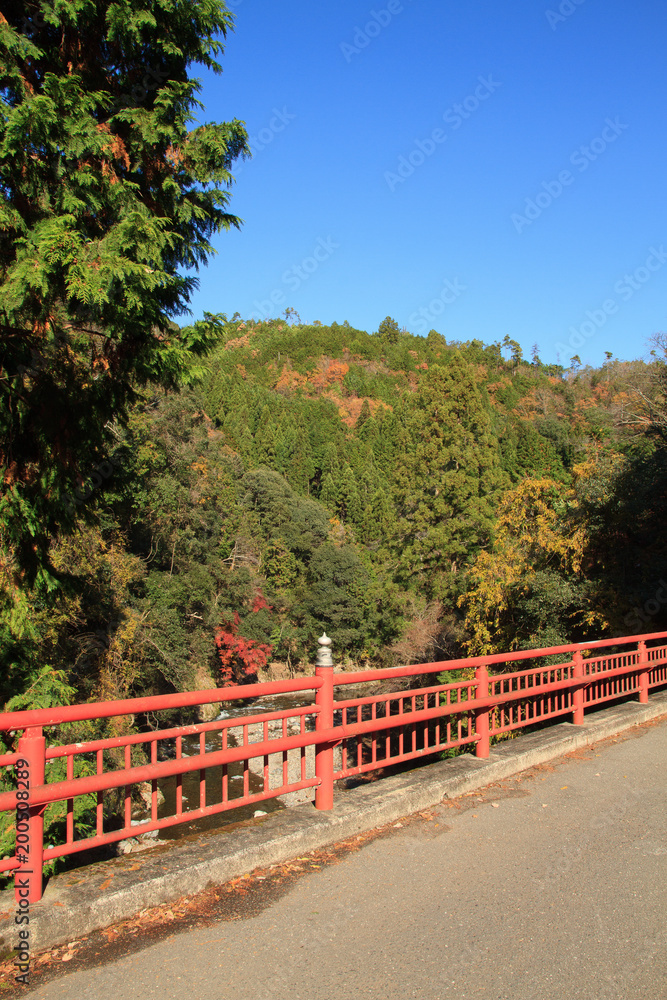 Red bridge at Hozukyo in Kyoto, Japan