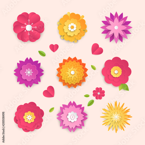Paper cut flowers - set of modern vector colorful objects © Boyko.Pictures