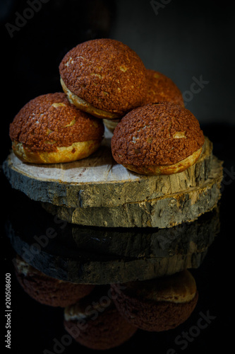 tasty french dessert shoo on wood frames photo