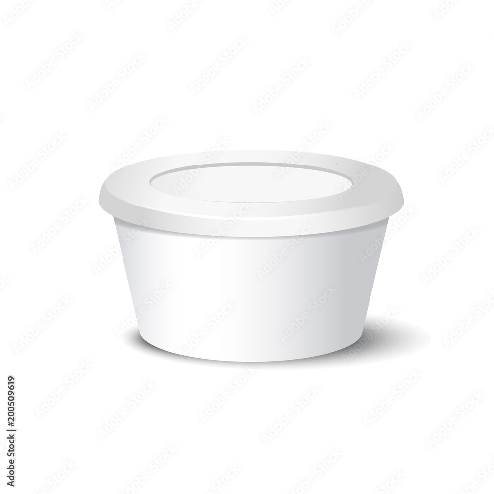 Vector realistic yogurt, ice cream or sour creme package on white backgrounnd. 3D illustration. Mock up of container isolated. Template for your design. Side view. Diminishing perspective Vector realistic yogurt, ice cream or sour creme package on white backgrounnd. 3D illustration. Mock up of container isolated. Template for your design. Side view. Diminishing perspective