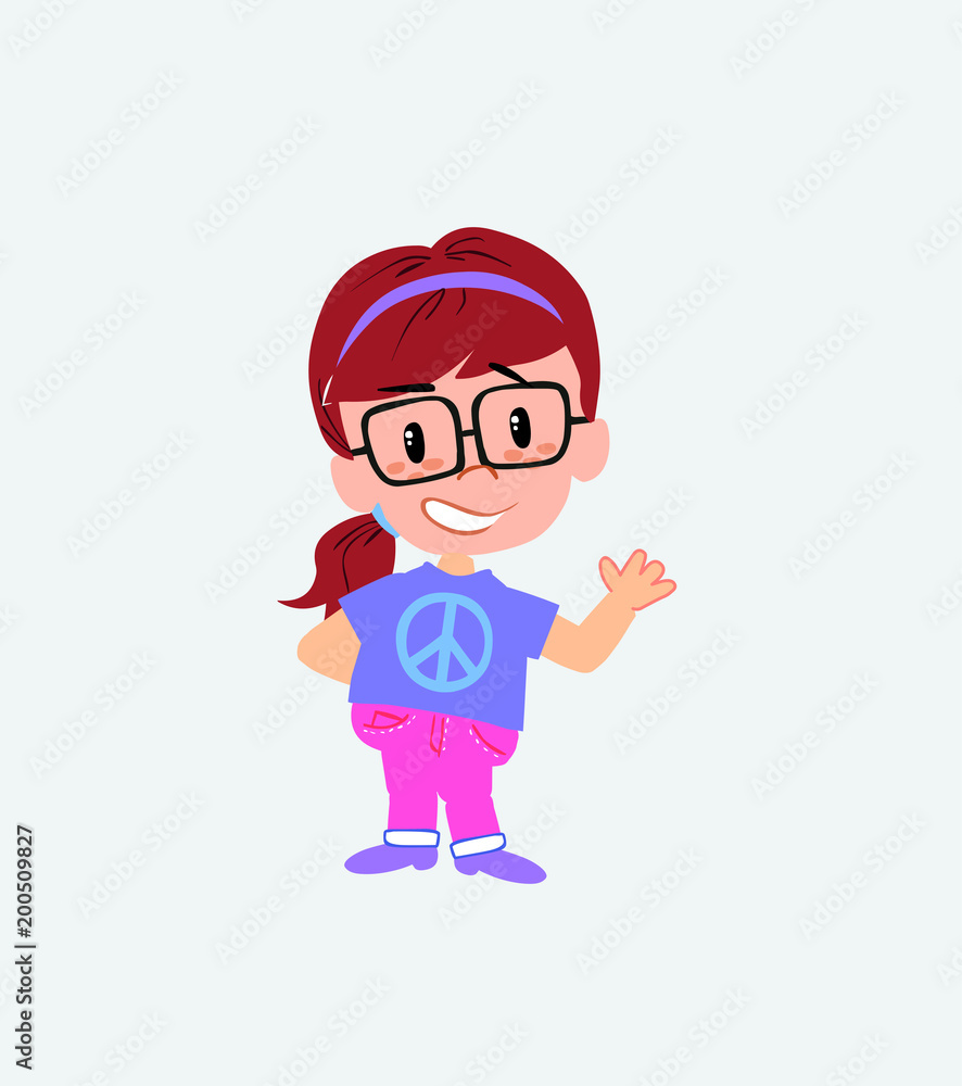 White girl with glasses showing something in positive attitude.