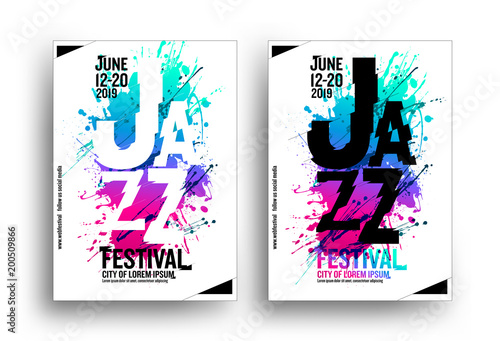 Jazz music poster design template. Creative jazz typography. Background multicolored artistic spots. White background. Design with trend colors.