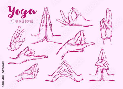 Vector hand drawn set of mudras. Isolated on white. Yoga. Spirituality. Colorful