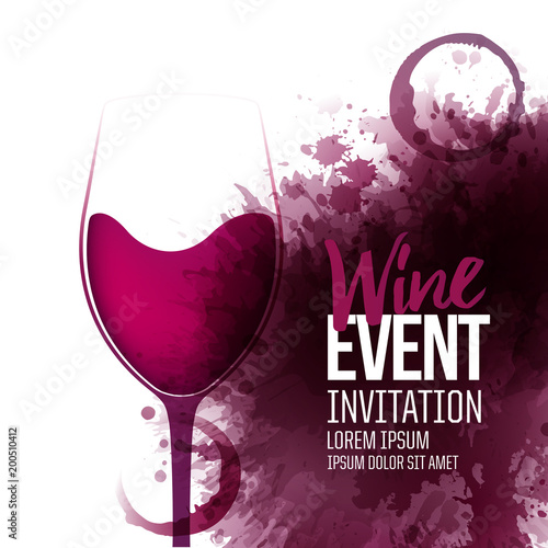 Poster, flyer or banner with wine stains background. Wine glass illustration. Vector spots and drops.