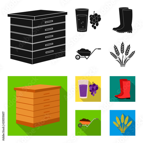Hive, grapes, boots, wheelbarrow.Farm set collection icons in black, flat style vector symbol stock illustration web.