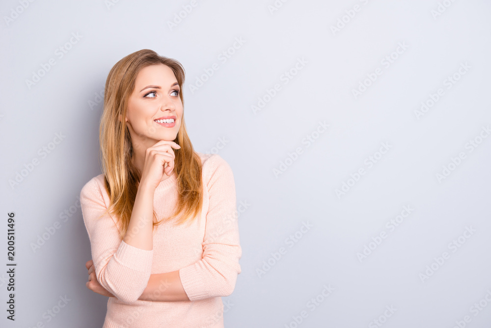 Touch chin hesitate choose choice casual sweater people person concept. Portrait of beautiful dreamy wondered cute lovely thoughtful lady imaging her weekends isolated on gray background copy-space Touch chin hesitate choose choice casual sweater people person concept. Portrait of beautiful dreamy wondered cute lovely thoughtful lady imaging her weekends isolated on gray background copy-space