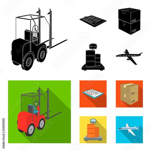 Forklift, delivery slips, packaged goods, cargo on weighing scales. Logistics and delivery set collection icons in black, flat style isometric vector symbol stock illustration web.