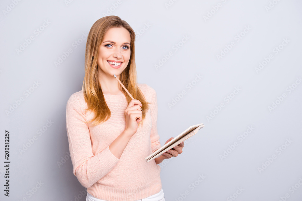 To-do people teacher tips information career memory test task notebook planner diary brainstorming person concept. Clever beautiful lady holding paper in hands isolated on gray background copy-space To-do people teacher tips information career memory test task notebook planner diary brainstorming person concept. Clever beautiful lady holding paper in hands isolated on gray background copy-space